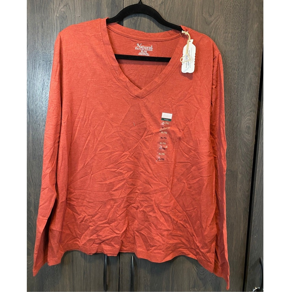 Natural Reflections Womens XL Burnt Orange V-Neck Long Sleeve Recycled Tee Shirt